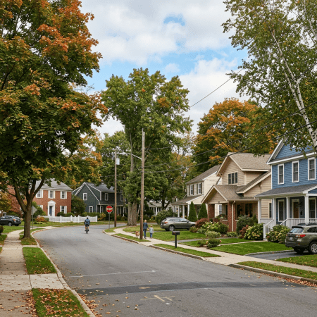 Suburban neighborhood street with houses, trees showing fall colors, a cyclist, and pedestrians walking a dog