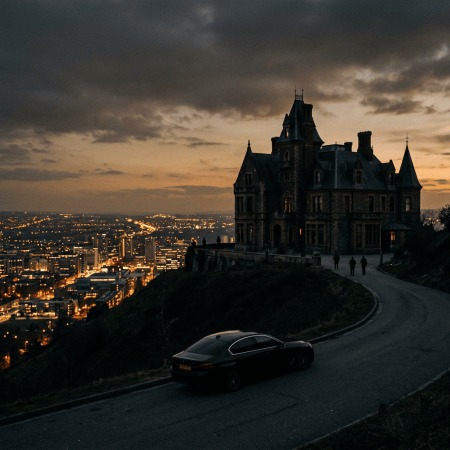 Historic mansion overlooking a brightly lit city at dusk